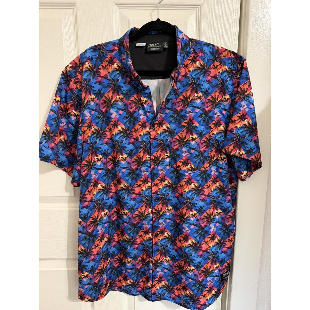 WESC Button Up Shirt Unisex Mens L Womens XL Oden Sunset Beach Palm Tropical